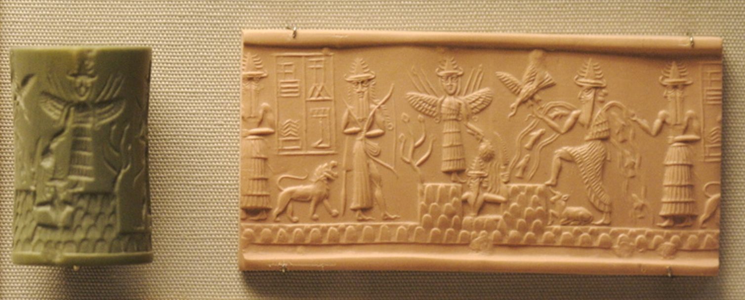 Aspetto fisico degli Anunnaki nel sigillo di Adda: divinità accadiche con la corona a corna